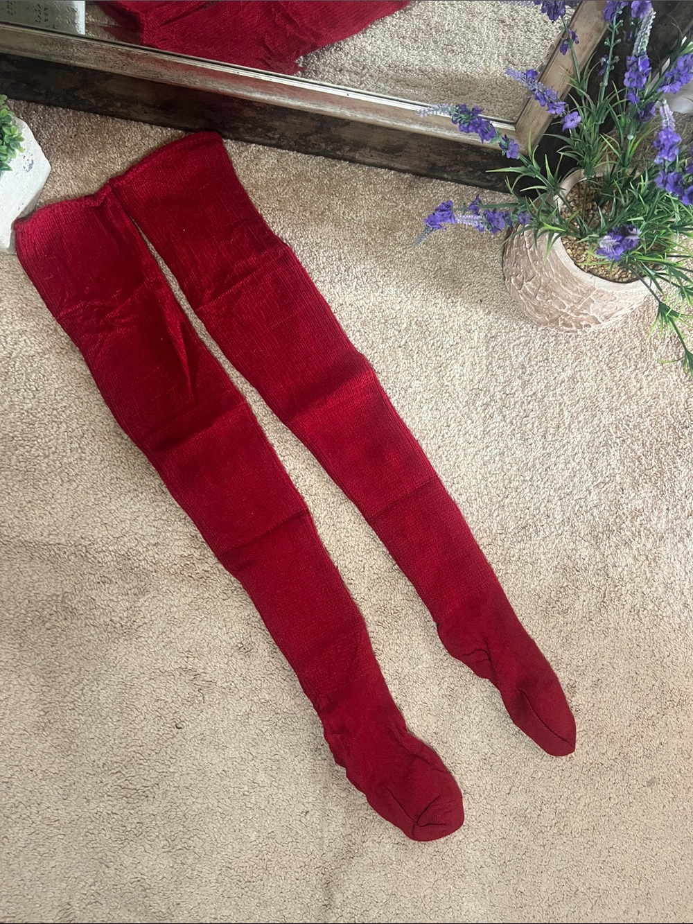 Red Ribbed Thigh-High Knit Socks - Picture 2 of 3
